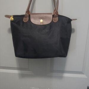 Longchamp Black Tote with Brown Accents